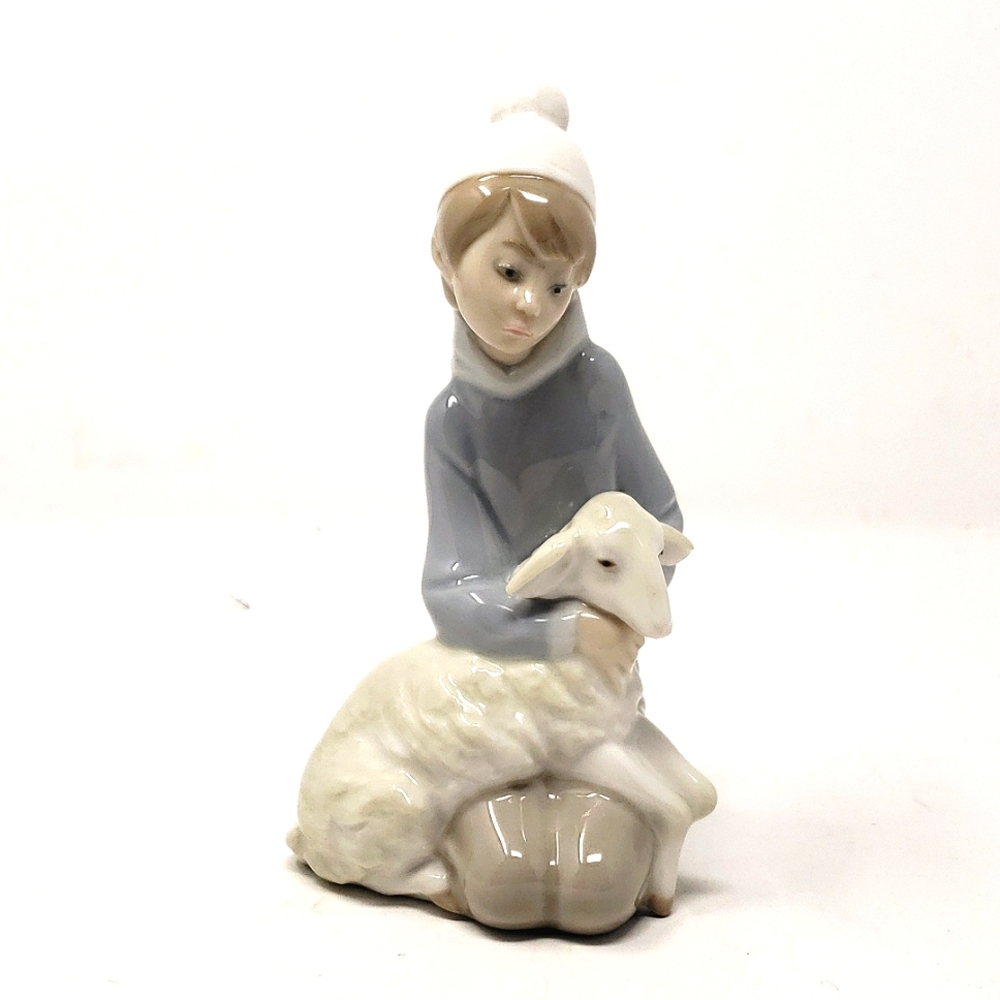 Lladro Boy with Lamb Figurine - Blue and White